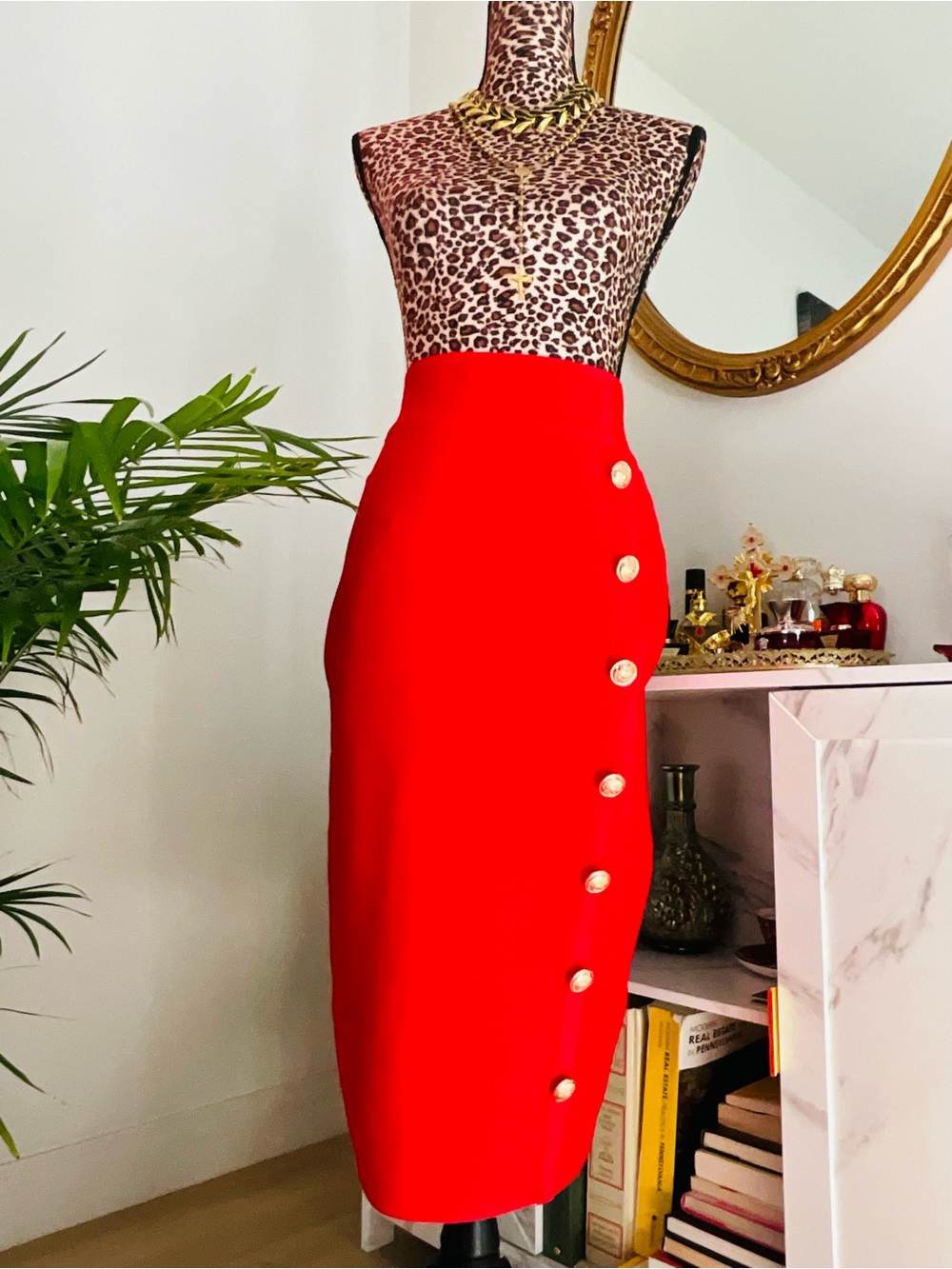 Red Gold Button Pencil Skirt - Picture 14 of 14